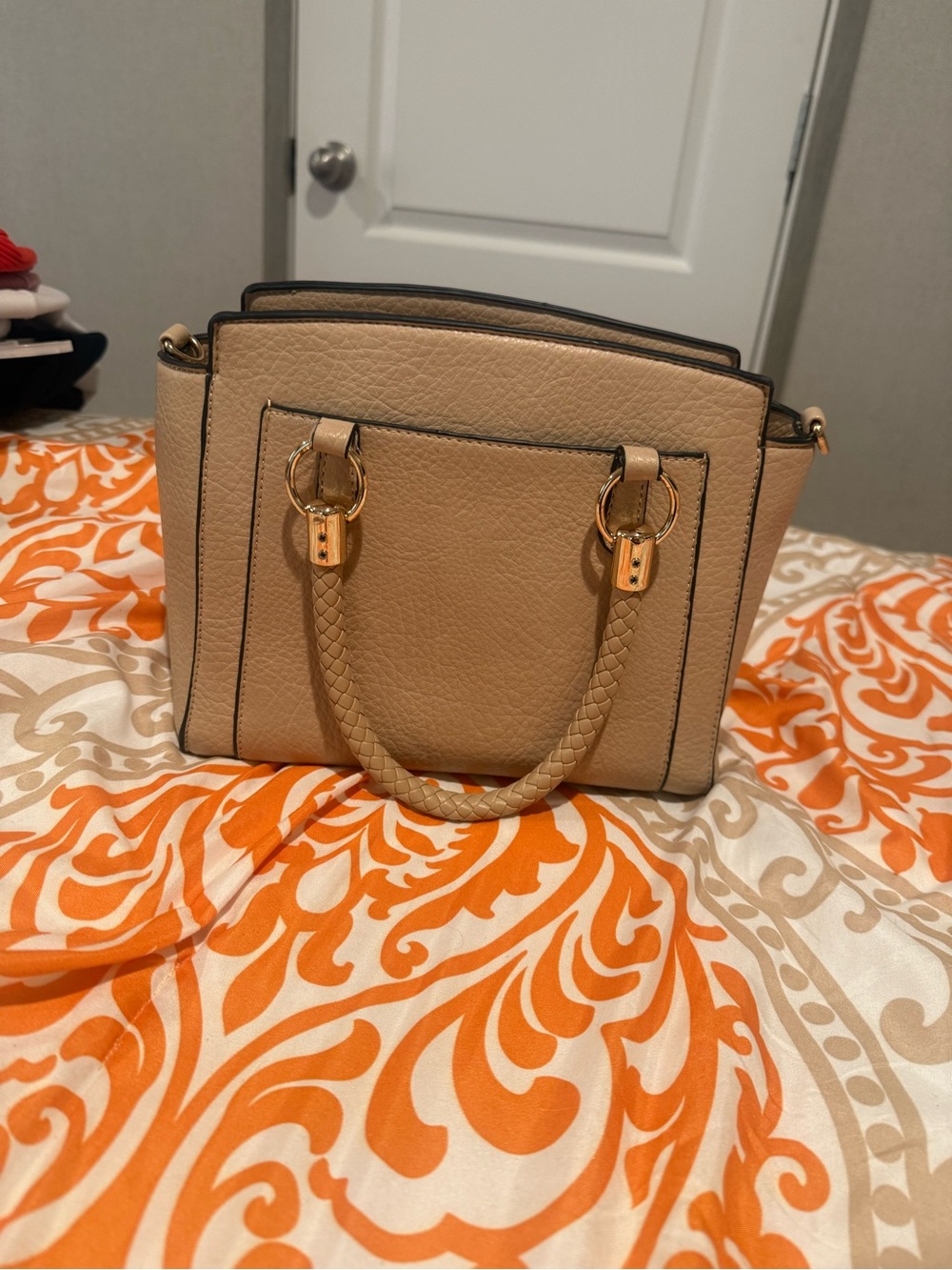 Elegant Taupe Women's Satchel Handbag with Gold Hardware